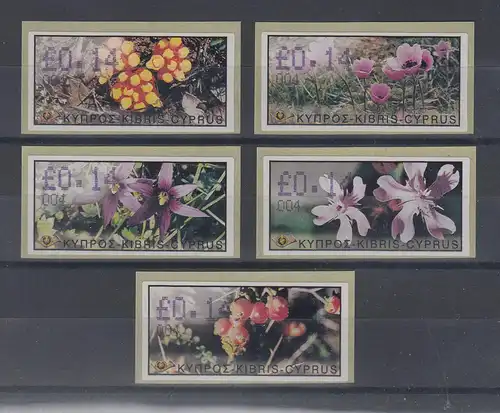 Zypern Amiel-ATM Ausgabe Wildblumen 2002, Mi.-Nr. 5-9 je eine ATM mit Nr. 004