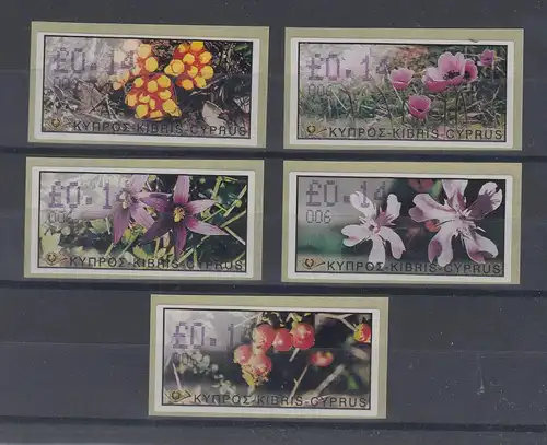 Zypern Amiel-ATM Ausgabe Wildblumen 2002, Mi.-Nr. 5-9 je eine ATM mit Nr. 006