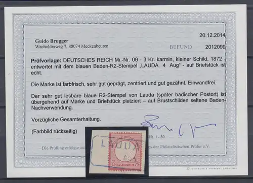 Dt. Reich kleiner Brustschild, Mi.-Nr. 9 mit blauem Baden R2-Stempel LAUDA