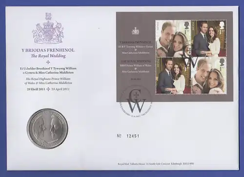 GB Royal Wedding William & Catherine 2011 offiz. Brief mit Block u. Gedenkmünze