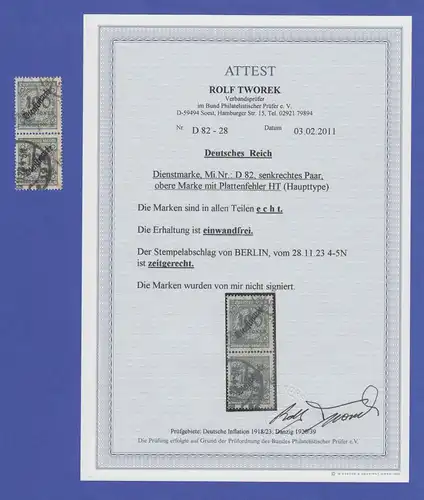 Dt. Reich Infla-Dienstmarke Mi.-Nr. 82 senkr. Paar O, obere Marke mit HT, Attest
