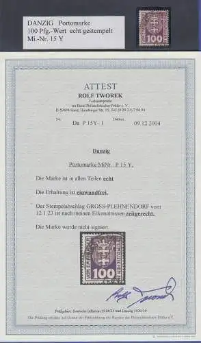 Danzig Portomarke 100Pfg-Wert Mi.-Nr. 15Y echt gestempelt, gepr. Attest Tworek