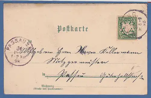 AK Gruss aus Massing Marktplatz, Pfarrkirche Ebner's Gasthof ect , gelaufen 1898