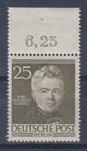 Berlin 1953 Mi.-Nr. 98 Karl Friedrich Schinkel Oberrandstück postfrisch **