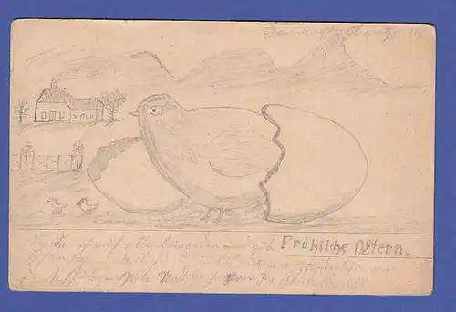 AK Fröhliche Ostern, handgezeichnet mit Bleistift, Feldpost ab DANILOVGRAD 1917