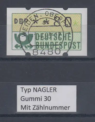 Deutschland NAGLER-ATM Posthorn Gummi WEISS Mi.-Nr. 1.2hv Wert 80 mit Voll-O ZN 