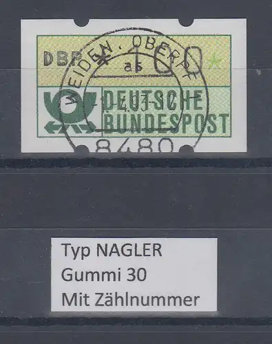 Deutschland NAGLER-ATM Posthorn Gummi WEISS Mi-Nr. 1.2hv Wert 100 mit Voll-O ZN 