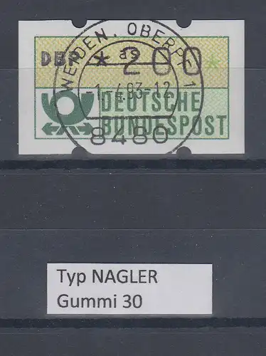 Deutschland NAGLER-ATM Posthorn Gummi WEISS Mi-Nr. 1.2hv Wert 200 mit Voll-O