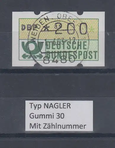 Deutschland NAGLER-ATM Posthorn Gummi WEISS Mi.-Nr. 1.2hv Wert 200 mit Voll-O ZN
