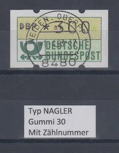 Deutschland NAGLER-ATM Posthorn Gummi WEISS Mi.-Nr. 1.2hv Wert 300 mit Voll-O ZN