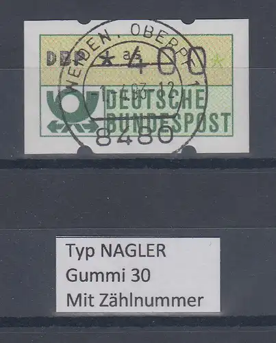 Deutschland NAGLER-ATM Posthorn Gummi WEISS Mi.-Nr. 1.2hv Wert 400 mit Voll-O ZN