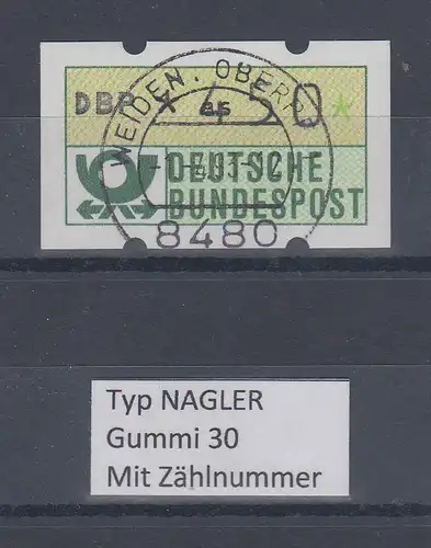 Deutschland NAGLER-ATM Posthorn Gummi WEISS Mi.-Nr. 1.2hv Wert 450 mit Voll-O ZN