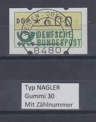 Deutschland NAGLER-ATM Posthorn Gummi WEISS Mi.-Nr. 1.2hv Wert 600 mit Voll-O ZN