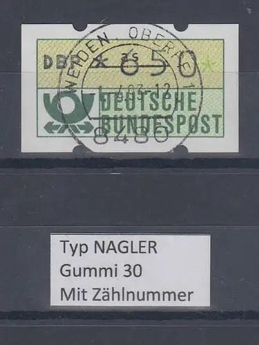 Deutschland NAGLER-ATM Posthorn Gummi WEISS Mi.-Nr. 1.2hv Wert 650 mit Voll-O ZN
