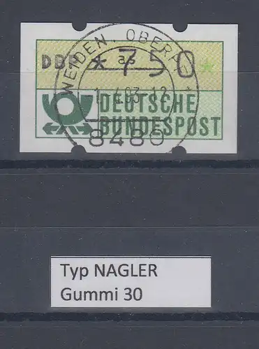 Deutschland NAGLER-ATM Posthorn Gummi WEISS Mi.-Nr. 1.2hv Wert 750 mit Voll-O