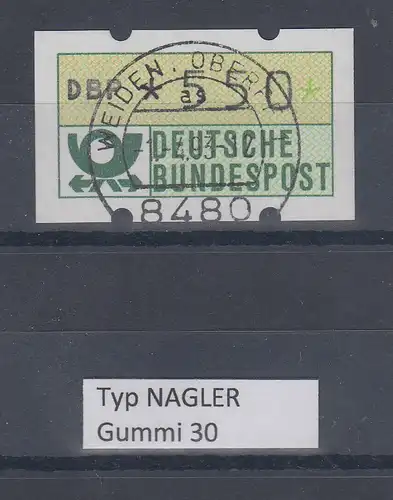 Deutschland NAGLER-ATM Posthorn Gummi WEISS Mi.-Nr. 1.2hv Wert 550 mit Voll-O