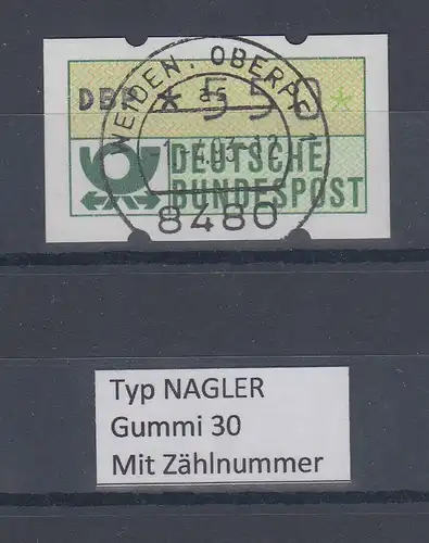 Deutschland NAGLER-ATM Posthorn Gummi WEISS Mi.-Nr. 1.2hv Wert 550 mit Voll-O ZN