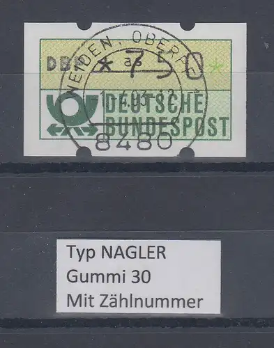 Deutschland NAGLER-ATM Posthorn Gummi WEISS Mi.-Nr. 1.2hv Wert 750 mit Voll-O ZN