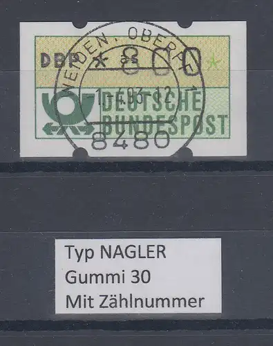 Deutschland NAGLER-ATM Posthorn Gummi WEISS Mi.-Nr. 1.2hv Wert 800 mit Voll-O ZN