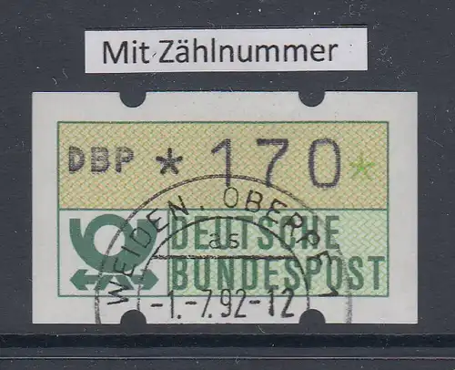 Deutschland NAGLER-ATM Posthorn, Gummi gelb Mi.-Nr. 1.2hu Wert 170 mit Voll-O ZN