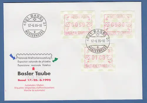 Schweiz Sonder-ATM BASLER TAUBE 1995, offiz. FDC mit Satz 60-80-100