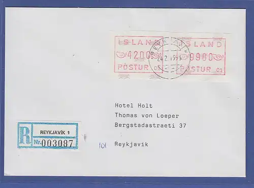 Island ATM Nr. 1 Aut.-Nr. 01 Werte 4200 und 9900 auf Orts-R-Brief 24.2.93