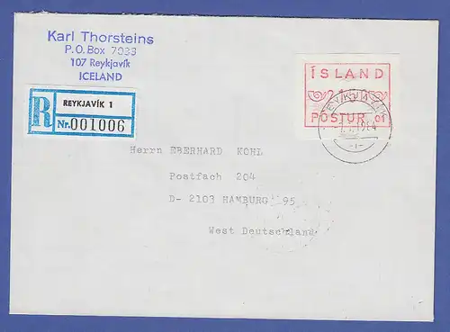 Island ATM Nr. 1 Aut.-Nr. 01 Wertstufe 2150 auf R-Brief nach Deutschland