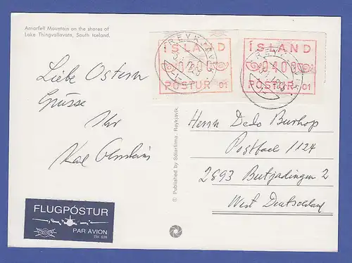 Island ATM Nr. 1 Aut.-Nr. 01 Wertstufen 200 und 400 (2 Tönungen) auf AK nach D