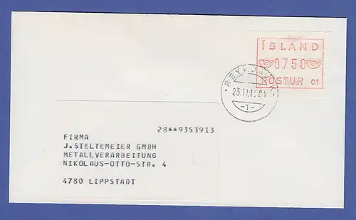 Island ATM Nr. 1 Aut.-Nr. 01 Wertstufe 750  auf Brief nach Lippstadt