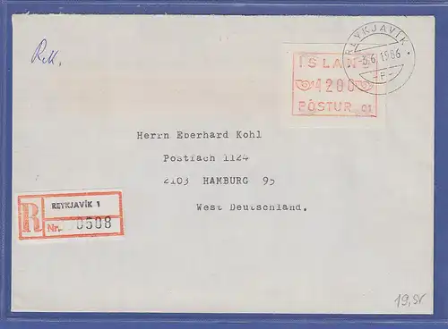Island ATM Nr. 1 Aut.-Nr. 01 Wertstufe 4200 auf R-Brief nach D, 3.6.1986