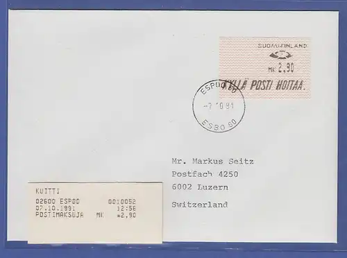 Finnland 1991 Dassault-ATM Mi.-Nr. 10.1 Z1 Wert 2,90 auf Brief in die Schweiz