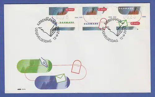 Dänemark ATM Kampagne Briefeschreiben, 3 Motive auf offiz. FDC 12.4.2000
