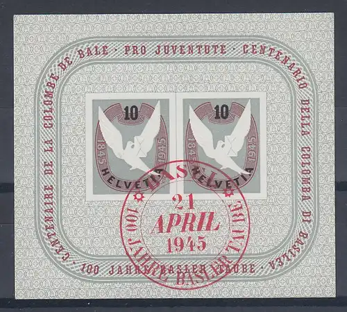 Schweiz 1945 Basler Taube - Block 12 mit rotem Sonderstempel 