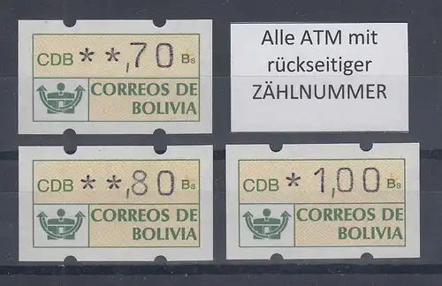 Bolivien Klüssendorf ATM Satz 70-80-100 **, alle ATM mit Zählnummer.