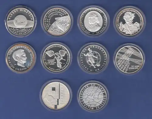 Lot 10 verschiedene 10€-Gedenkmünzen in spiegelglanz / PP,  verkapselt