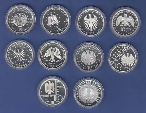 Lot 10 verschiedene 10€-Gedenkmünzen in spiegelglanz / PP,  verkapselt