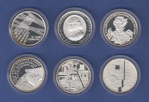 Lot 6 verschiedene 10€-Gedenkmünzen in spiegelglanz / PP,  verkapselt