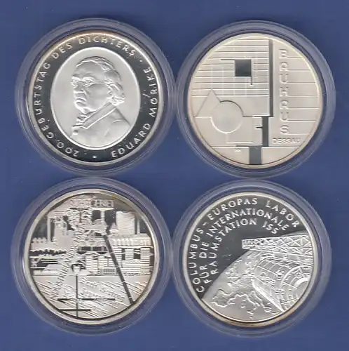 Lot 4 verschiedene 10€-Gedenkmünzen in spiegelglanz / PP,  verkapselt