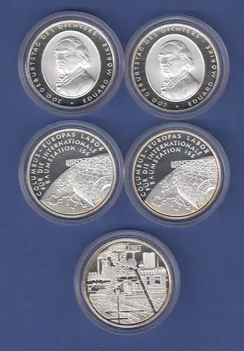 Lot 5 Stück 10€-Gedenkmünzen in spiegelglanz / PP,  teils doppelt, verkapselt
