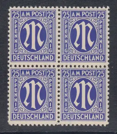 Bizone 1945, AM-Post 25 Pfg. amerik. Druck glattes Pap. Mi.-Nr. 9x Viererbl. **