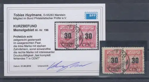Memelgebiet Mi.-Nr. 196 Paar mit Aufdruckfehler gepr.mit Kurzbefund Huylmans BPP