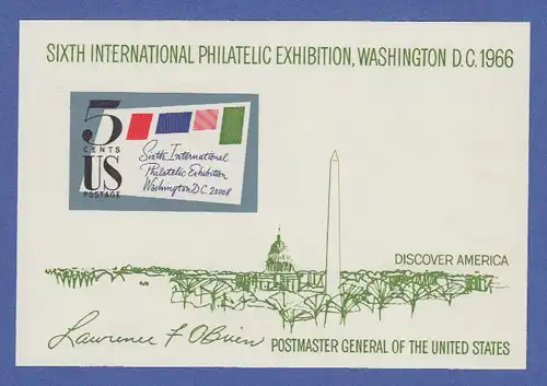 USA 1966 Mi.-Nr. Block 11 Briefmarkenausstellung SIPEX in Washington ** 