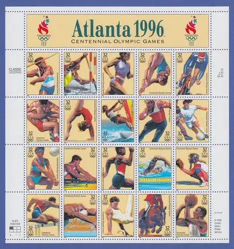 USA 1996 Olympische Spiele Atlanta 1996 Mi.-Nr. 2705-24 20 Werte im ZD-Bogen ** 