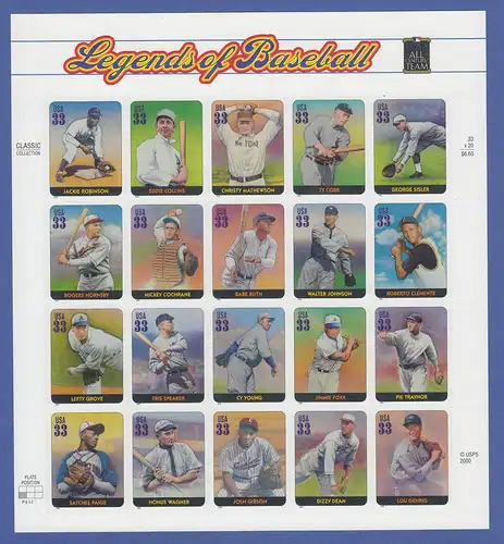 USA 2000: Legends of Baseball  20 Werte Mi.-Nr. 3337-56 **  im Folienbogen 