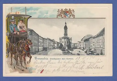 AK Traunstein, Stadtplatz mit Kirche, erhaben geprägt, gelaufen 1903