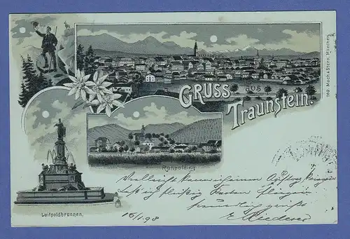 AK Gruss aus Traunstein, Luitpoldbrunnen, im Mondschein, gelaufen 1898