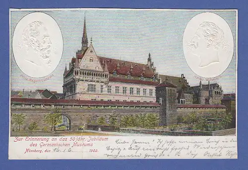 AK Nürnberg, Jubiläum Germanisches Museum gelaufen 1902 mit Prägedruck