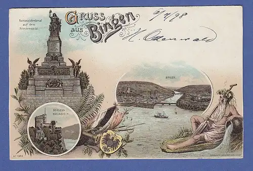 AK Gruss aus Bingen, Nationaldenkmal auf dem Niederwald,  gelaufen 1898