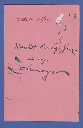 AK "Mein süßes Mäuschen" letzteres weiss in Prägedruck auf rosa Grund um 1900