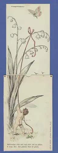 AK zum herausziehen Triumph-Postkarte Maiglöckchen mit Schmetterling gel. 1901